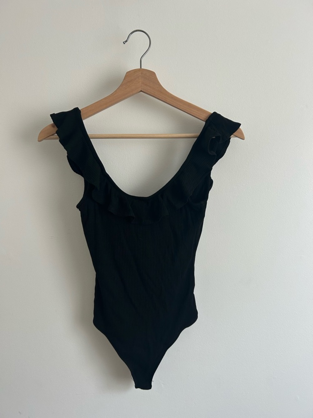 Honey Punch Black Ruffle-Trim One-Piece Bodysuit
